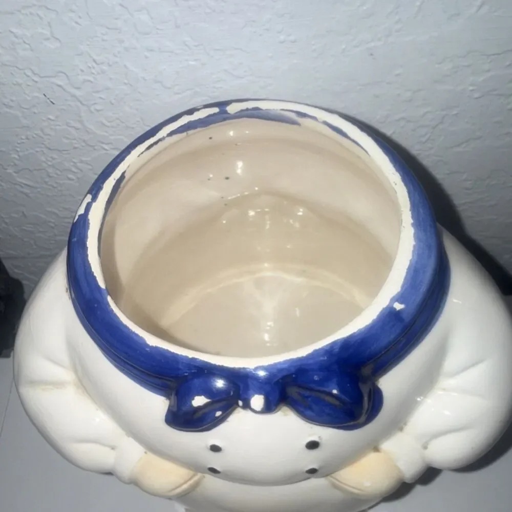 Vintage 1970 Ceramic Pig Chef Cookie Jar with Lid White Blue Pink 11 in
